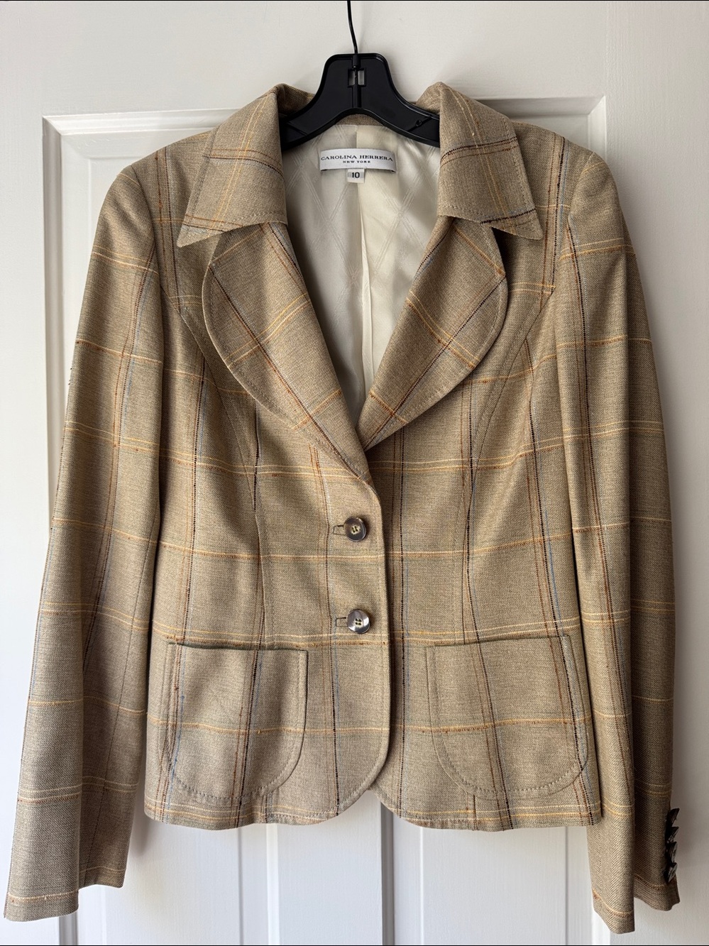 Carolina Herrera Tan Beige Windowpane Plaid Suit